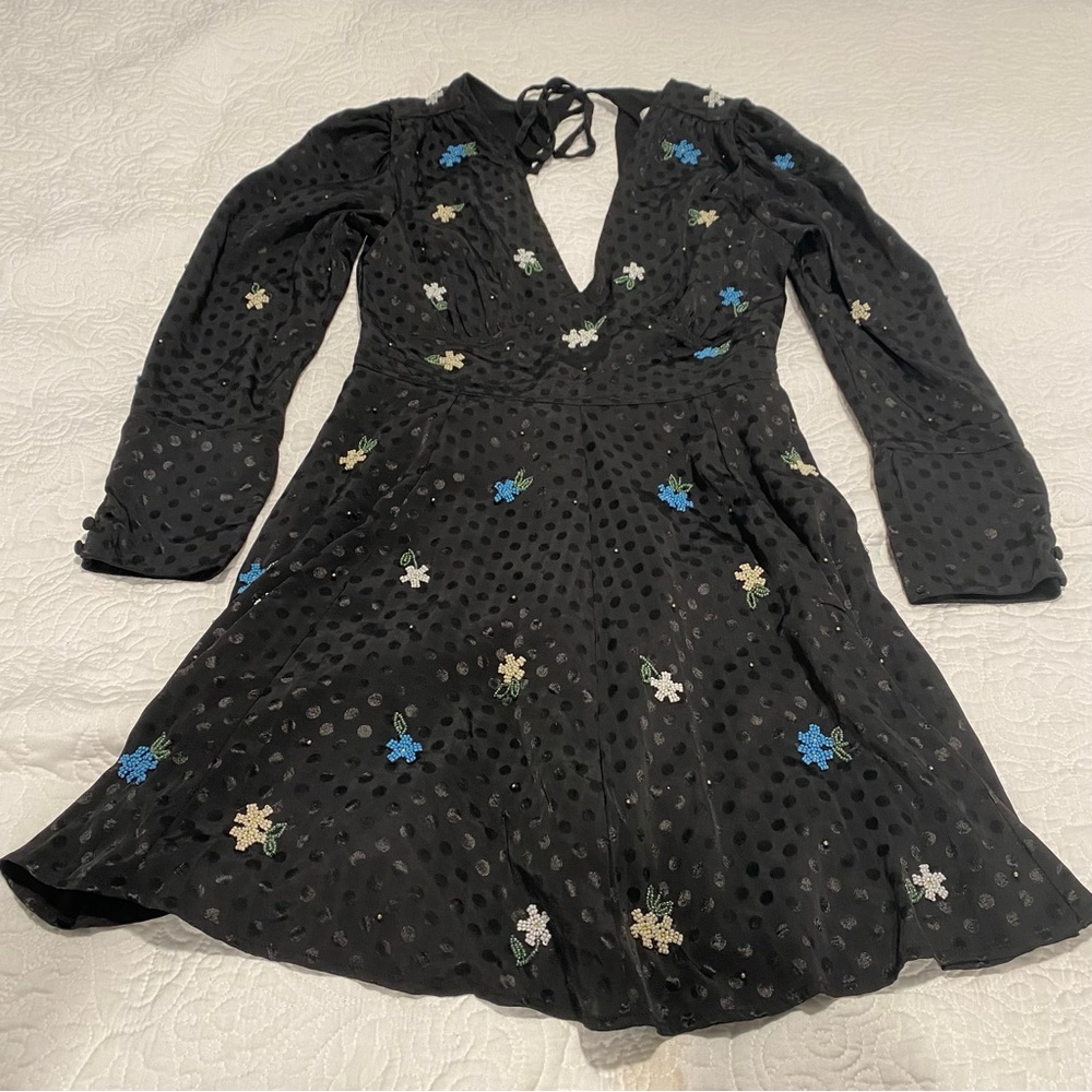 Topshop Mini Dress Beaded Polka Dot Black Satin Cutout Back